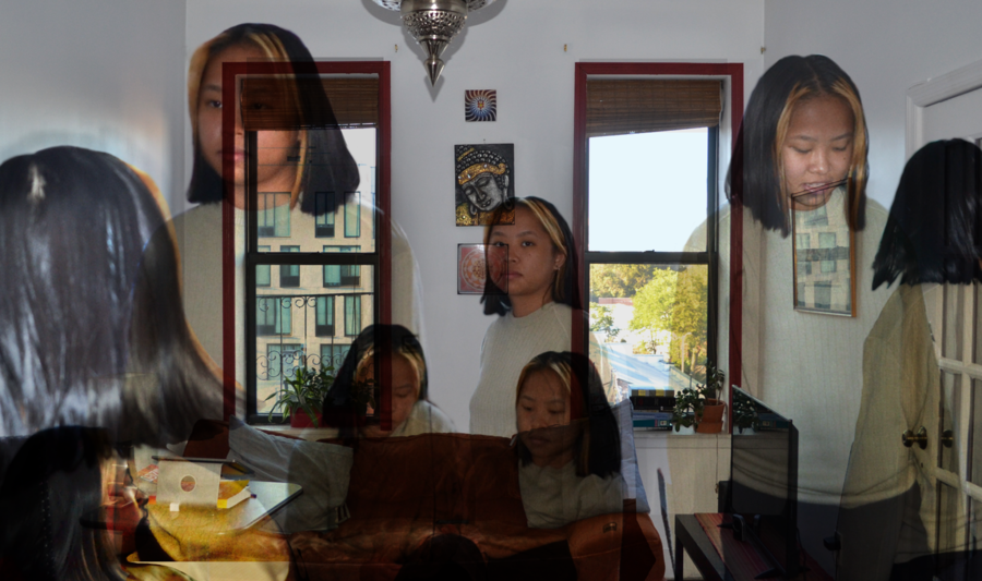 The image is a photograph taken from the inside of a room. The camera lens is opposite a wall with two large windows with views of an apartment building and park. A couch parallels this wall. Throughout the composition are semi-transparent photos of a teenage girl with dark hair wearing a beige sweater. The photos are layered on top of the photo of the room. She is shown both in motion and sitting on the large couch. Drew Pugliese