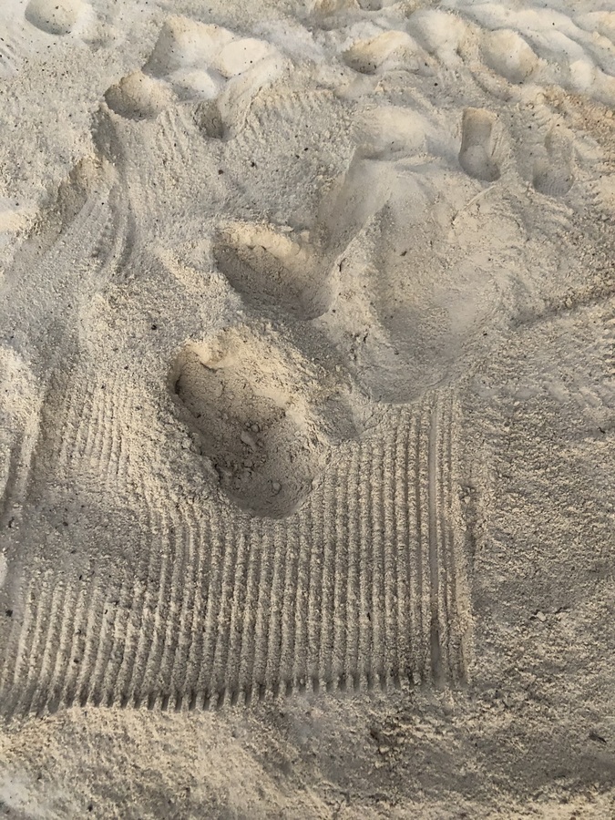 The image is taken from the view above a bed of sand. While the sand is fairly flat at the bottom of the image there are various markings in the sand further up the image including layers of footprints on top of the lines from a rake. Footprints come in from many different directions so there is not a clear pattern to depict a consistent movement being done and marked in the sand. You can imagine what might have caused these markings, but there is no clear answer. Kara Steele