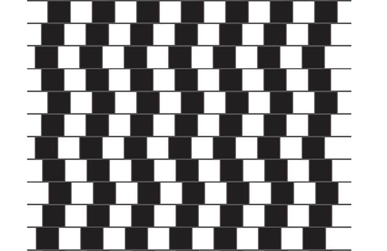 Twelve thin horizontal black lines create eleven rows on a white background. Each row holds seven black boxes slightly skewed from the row above so the boxes create a vertical wave pattern, making the horizontal lines appear to be slanted rather than straight. Katie Miller