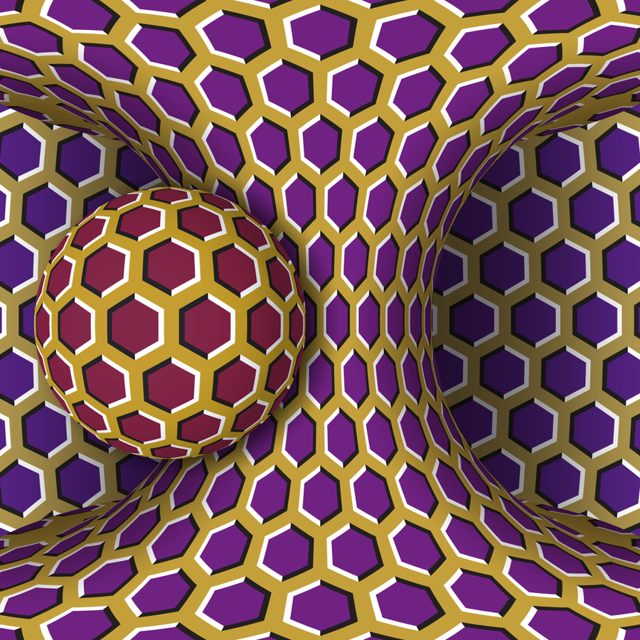 To the center left, there is a maroon sphere covered in a large dark yellow honeycomb patter. Behind the sphere is a large purple hyperboloid (a cylinder curving out at the top and bottom) with the same honeycomb pattern that appears to shift when your eyes move around the image. The background is dark purple with the honeycomb overlay. Katie Miller