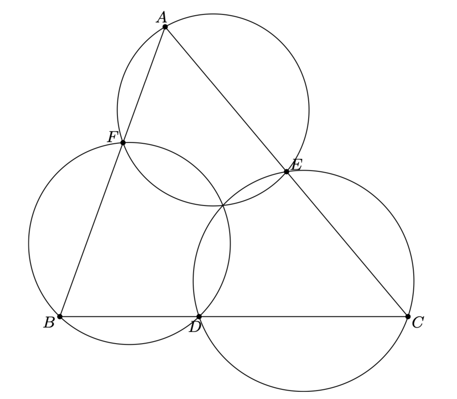 There is an acute triangle with vertices A, B, and C. Points D, E, and F are marked on the sides BC, CA, and AB, respectively. As are the circles passing through A,E, and F; B, F, and D; and C,D, and E. These three circles share a common point. Kenny Peng