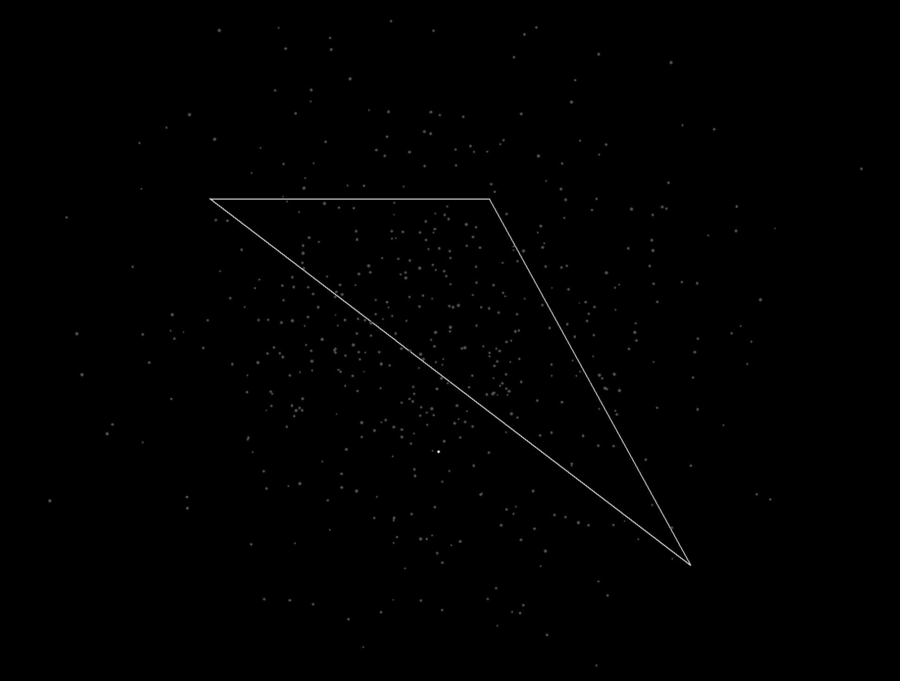 A triangle, outlined in white on a black background. Faint white specks appear scattered across the image. One speck appears brighter than the rest. It resembles a night sky. Kenny Peng