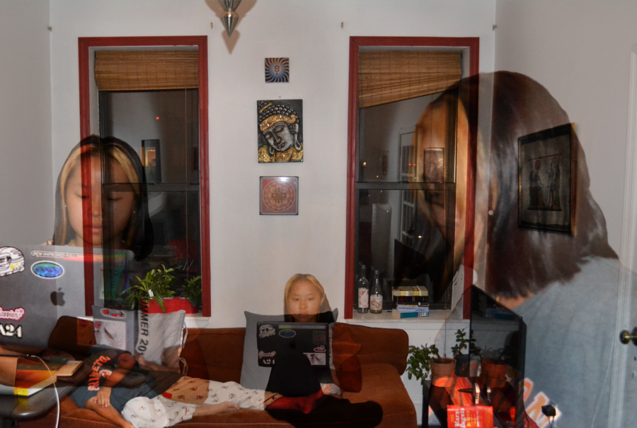 The image shows the interior of a living room. The wall parallel to the camera's lens is filled with two large windows and three small pictures hanging between them. Running along this wall is a large, ochre-colored couch. A TV runs parallel to the right wall. The vanishing point is at the center of the composition. Overlayed on the image are four photos of a teenage girl working on her laptop, laying down, and walking in front of the camera. These superimposed images are slightly transparent. Drew Pugliese
