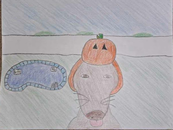 This is an image of a drawing made with colored pencils. A brown dog stands in front of a round pool. The dog is sticking its tongue out and is wearing a pumpkin hat. Surrounding the dog and the pool is a white wall. The sky is blue. Jess Ramirez