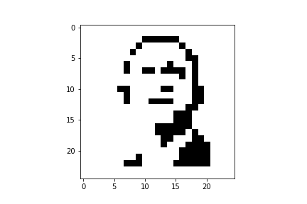 This image shows Obama's face in a 25x25 grid of white and black squares. In this form, he is loosely recognizable despite the low resolution. Kenny Peng