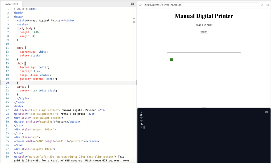A screenshot of some of my code for my Manual Digital Printer. On the left is the index.html file. The top right gives a preview of the corresponding website. The bottom right shows the console. Kenny Peng