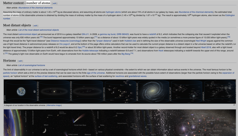  A Wikipedia entry for <i>Observable Universe.<i> The phrase <i>number of atoms<i> is highlighted. The Wikipedia page says there are approximately 10^80 atoms in the universe. Kenny Peng