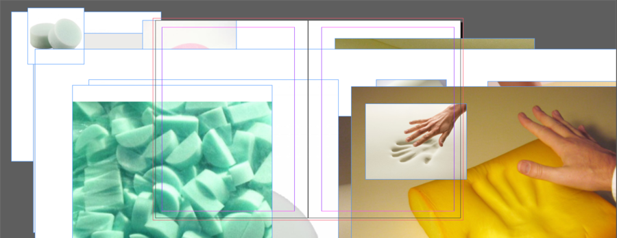 Images of varying kinds of sponges are overlapping in a scattered manner, filling and exceeding the boundaries of a 2-page spread in InDesign. The image frames, and margin and bleed lines are visible. Four images are visible; two images on the right feature a hand above a block of foam which contains an imprint of the hand, and two images on the left feature circular, seafoam green sponges. Megan Pai
