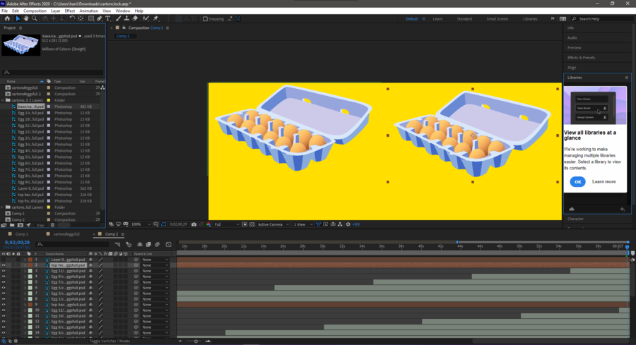 A screenshot of a computer with a project in Adobe After Effects open. On the animation preview there are two blue cartons of golden-brown eggs on a bright yellow background. Sameer Riaz