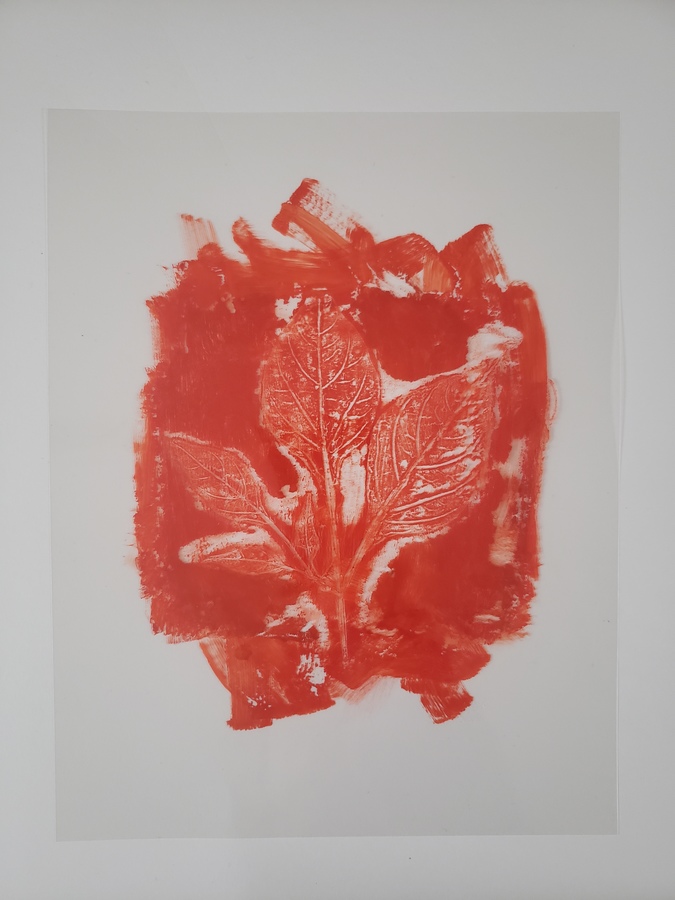 Red-orange print on white paper depicting five pepper leaves. The branches on the leaves are white, while the leaves themselves are red-orange. Thanya Begum