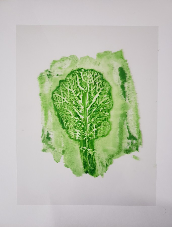 Green print on white paper depicting a large turnip leaf. The branches on the leaves are white, while the leaves themselves are green. Thanya Begum