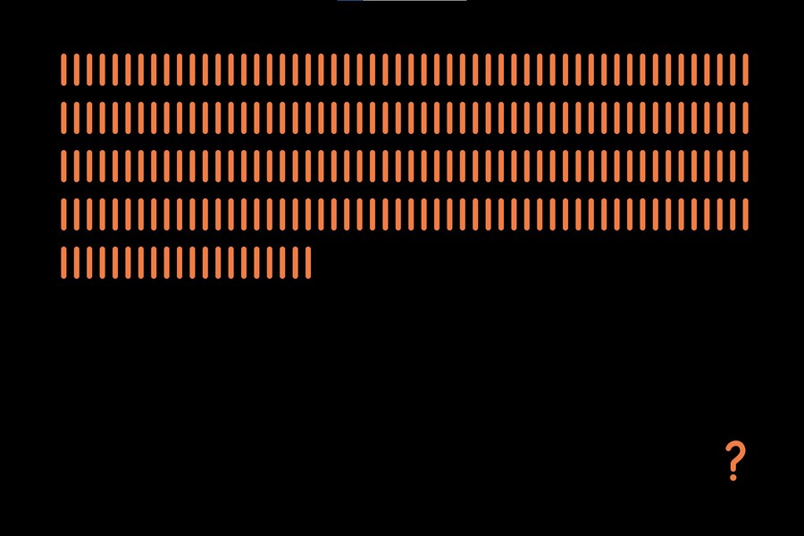 Black background with five rows of vertical orange lines, totaling 236 lines. An orange question mark is in the bottom right-hand corner. Thanya Begum